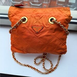 Prada Orange Quilted Tessuto Bag Chain Nylon Gold Hardware ✨